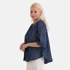 La Marey Striped Lyocell Denim Smock Top (Size L, 16 to 18) - Dark Blue