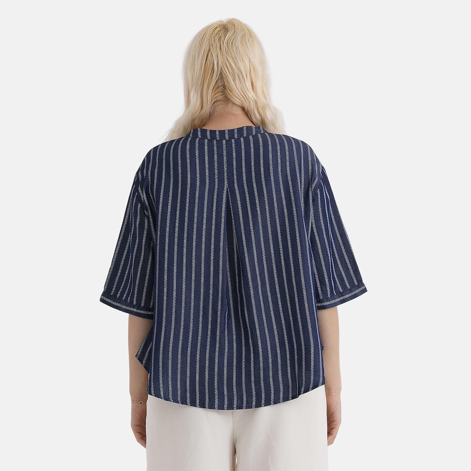 La Marey Striped Lyocell Denim Smock Top (Size M, 12 to 14) - Dark Blue