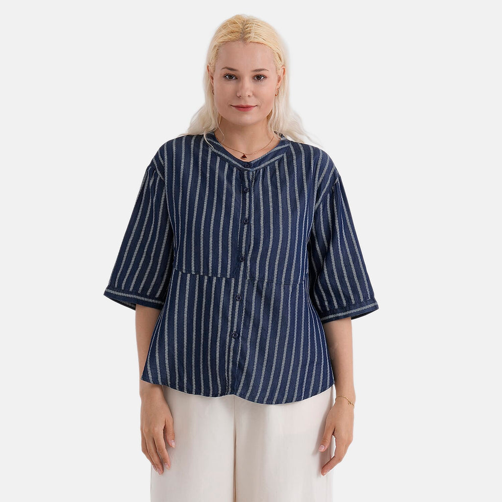 La Marey Striped Lyocell Denim Smock Top (Size M, 12 to 14) - Dark Blue