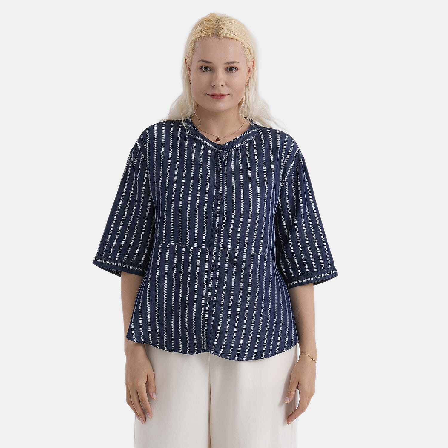 La Marey Striped Lyocell Denim Smock Top (Size M, 12 to 14) - Dark Blue