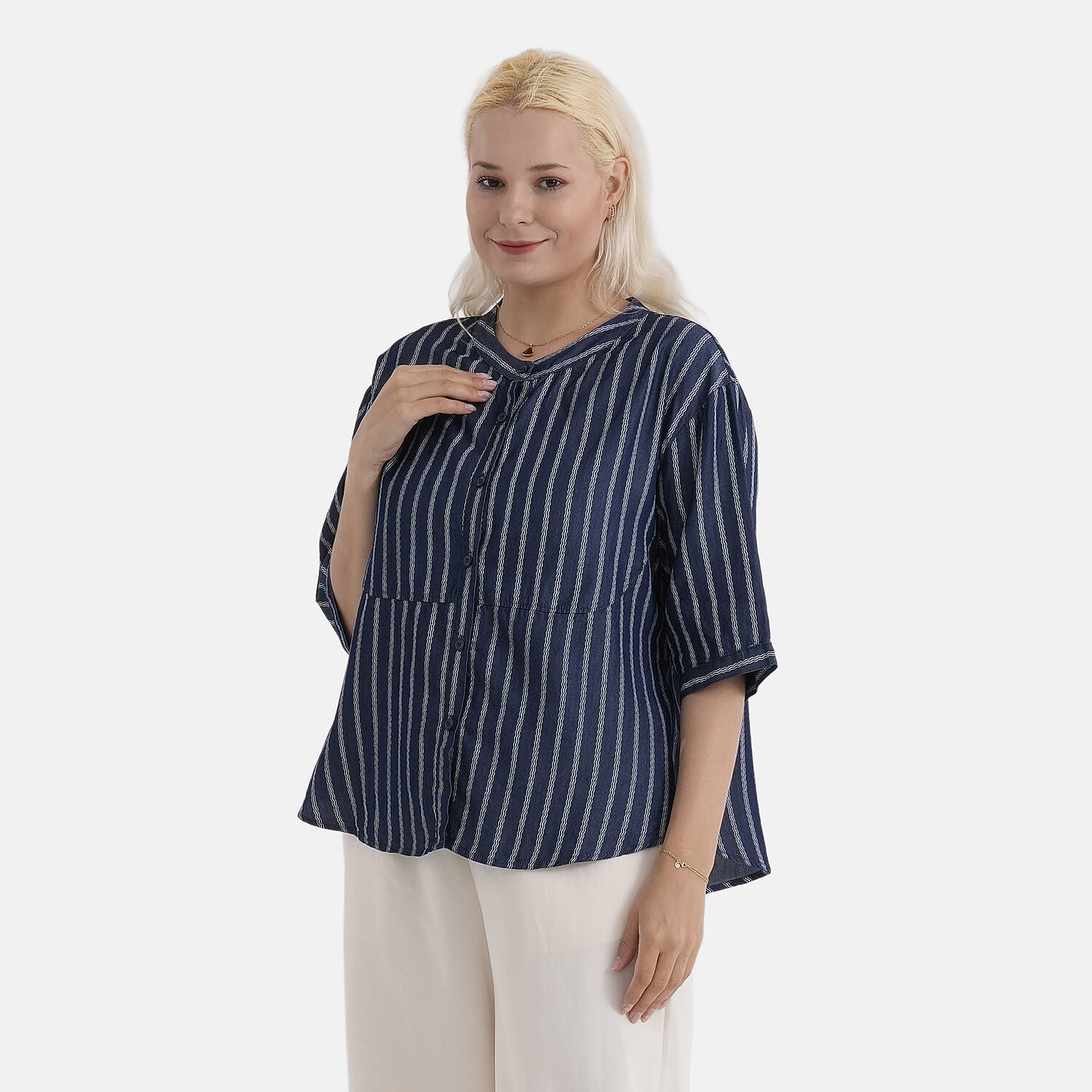 La Marey Striped Lyocell Denim Smock Top (Size XL, 20 to 22) - Dark Blue