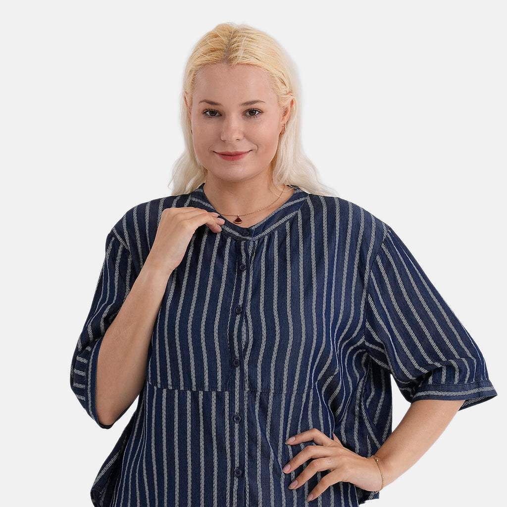 La Marey Striped Lyocell Denim Smock Top (Size XL, 20 to 22) - Dark Blue