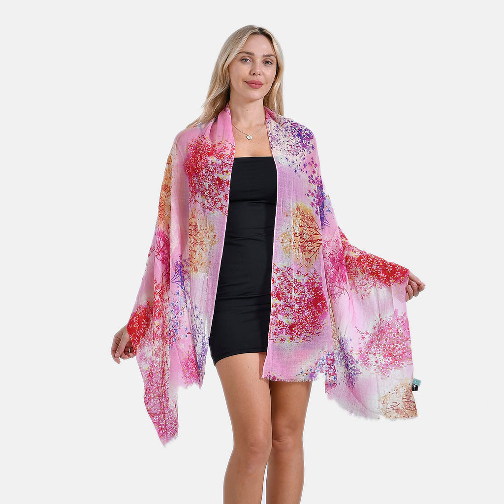 Mothers Day Gift Idea - La Marey 100% Merino Wool Flower Printed Scarf (Size 180x65 cm) - Pink