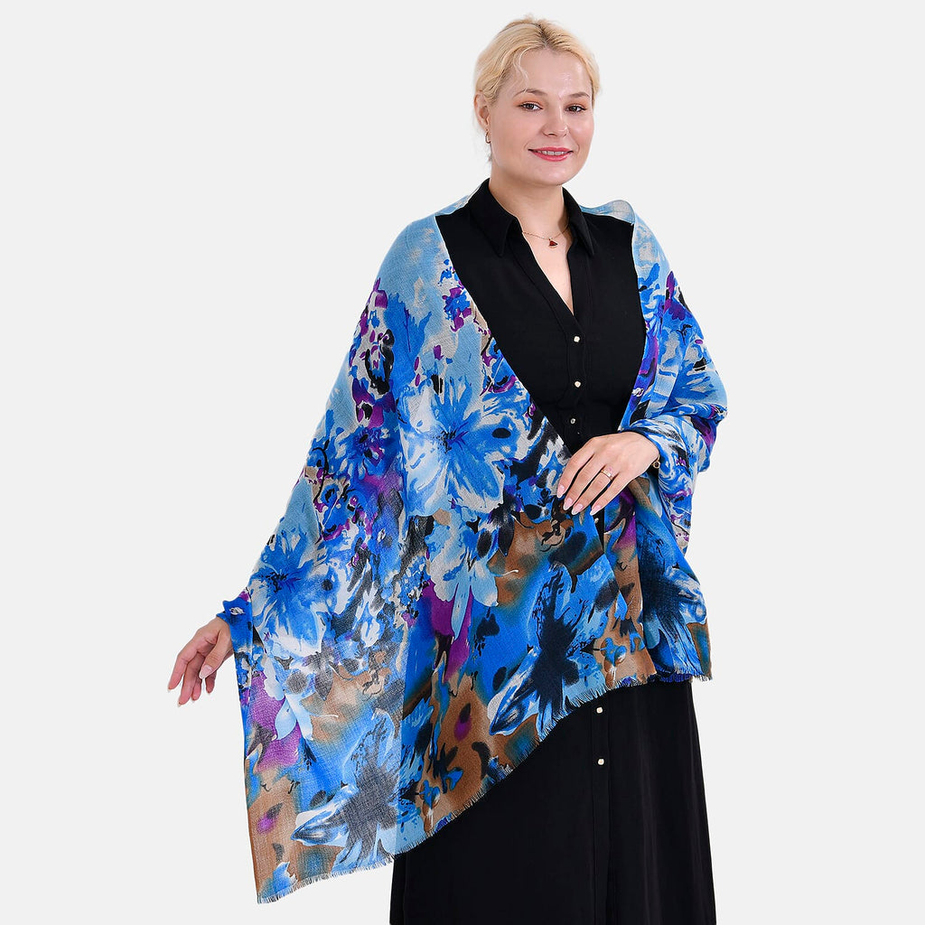 La Marey 100% MERINO Wool Scarf (size 61cm x 190 cm) - Blue With Multi Color Pattern.