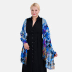 La Marey 100% MERINO Wool Scarf (size 61cm x 190 cm) - Blue With Multi Color Pattern.