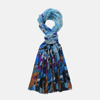 La Marey 100% MERINO Wool Scarf (size 61cm x 190 cm) - Blue With Multi Color Pattern.