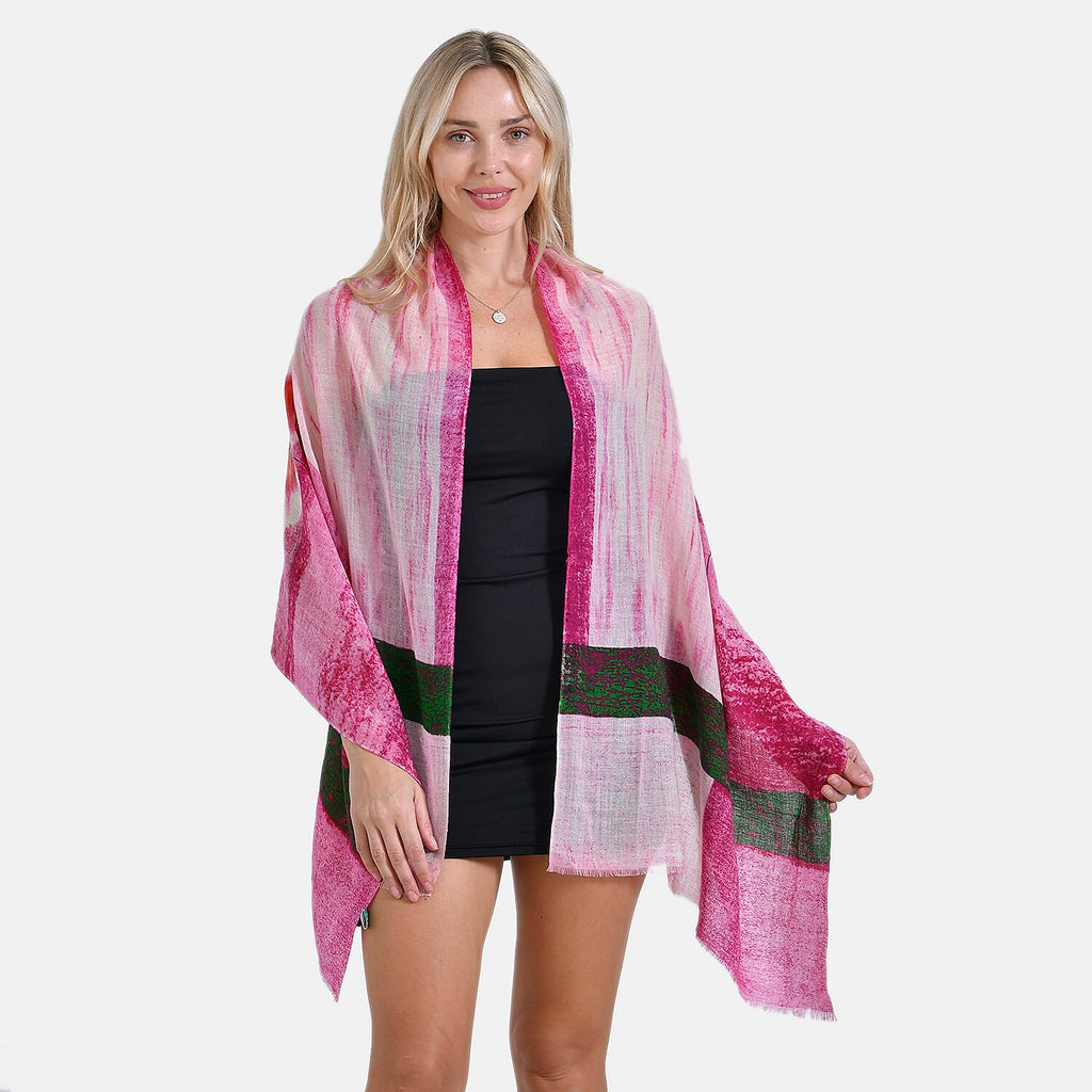La Marey 100% Merino Wool Printed Scarf (Size 190x65 cm) - Pink