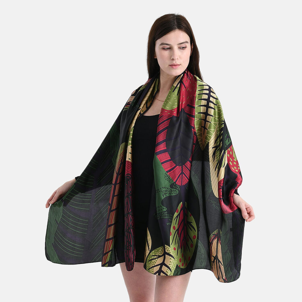 La Marey Satin Leaf Pattern Scarf - Green