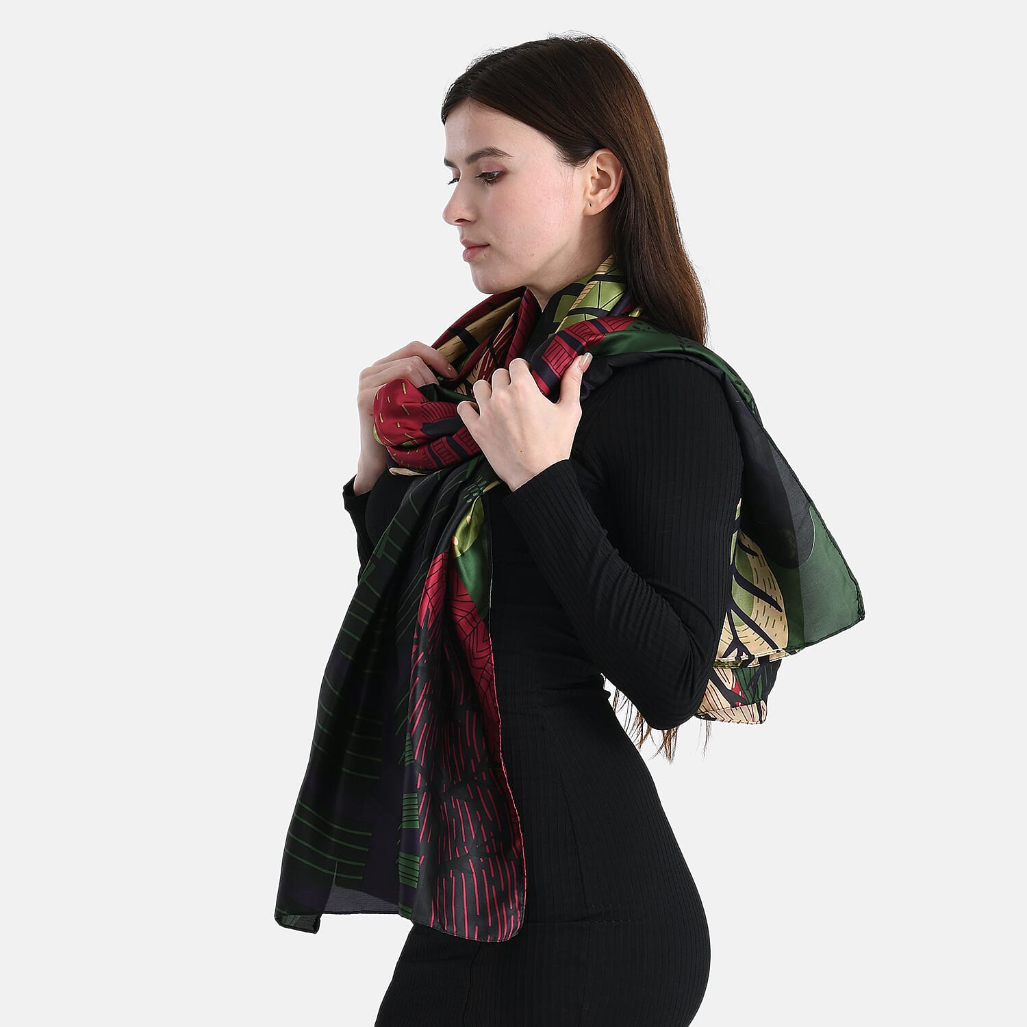 La Marey Satin Leaf Pattern Scarf - Green