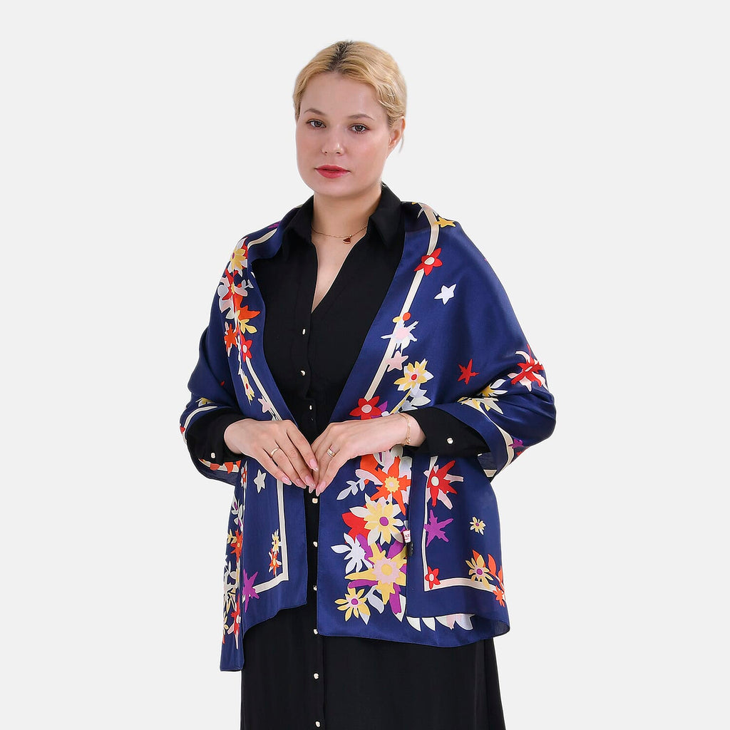 La Marey 100% Mulberry Silk Flower Print Scarf (Size 175x55cm) - Black & Pink