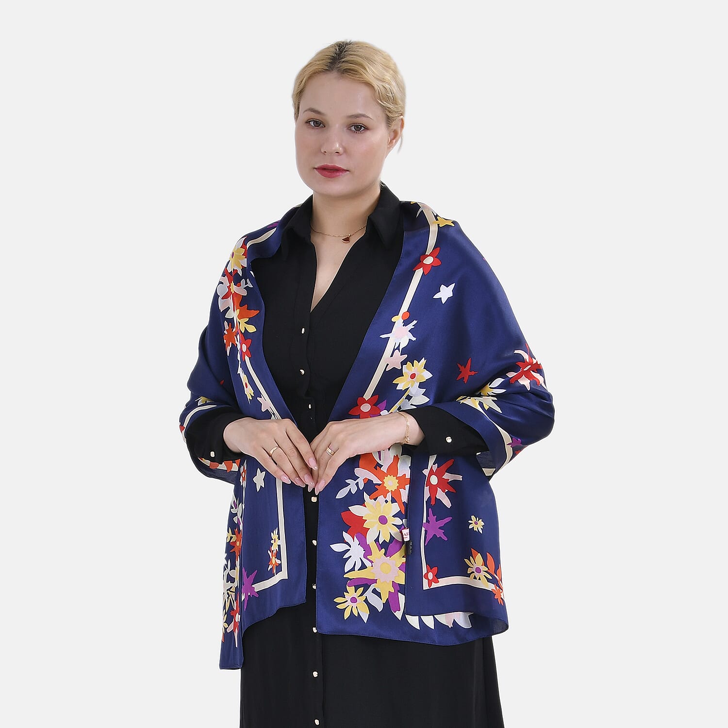 La Marey 100% Mulberry Silk Flower Print Scarf (Size 175x55cm) - Black & Pink