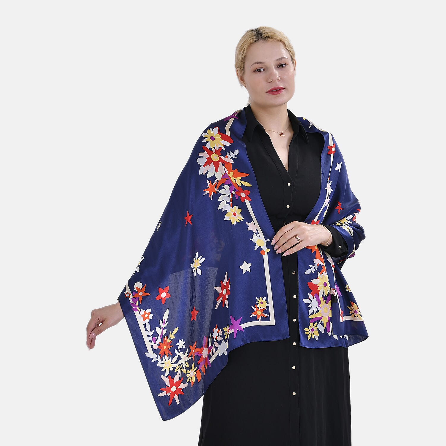 La Marey 100% Mulberry Silk Flower Print Scarf (Size 175x55cm) - Black & Pink