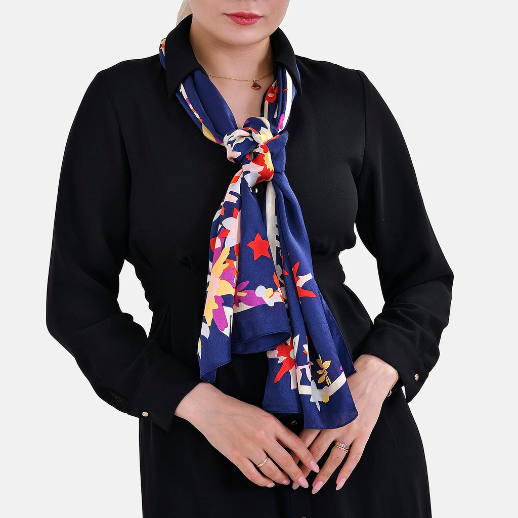 La Marey 100% Mulberry Silk Flower Print Scarf (Size 175x55cm) - Black & Pink