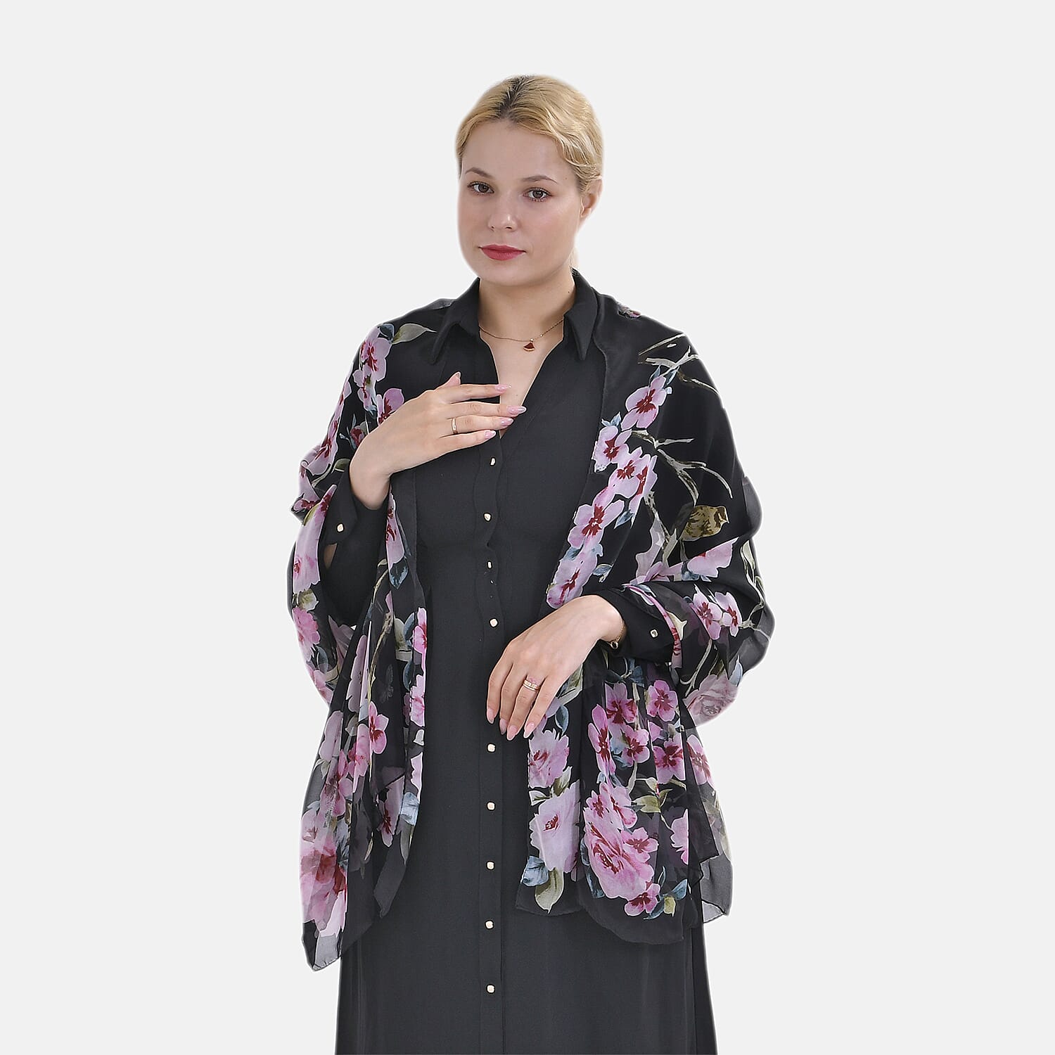 La Marey Mulberry Silk Flower Scarf (Size 175x1 cm) - Blue & Multicolor