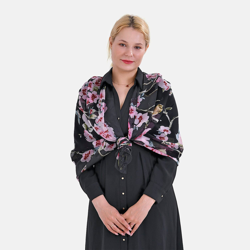 La Marey Mulberry Silk Flower Scarf (Size 175x1 cm) - Blue & Multicolor