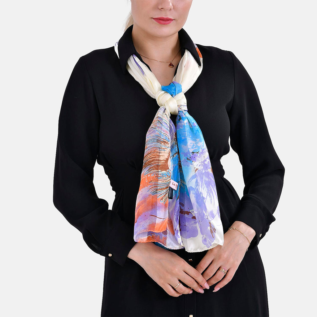La Marey 100% Mulberry Silk Flower Scarf (Size 175x55cm) - Yellow & Mauve