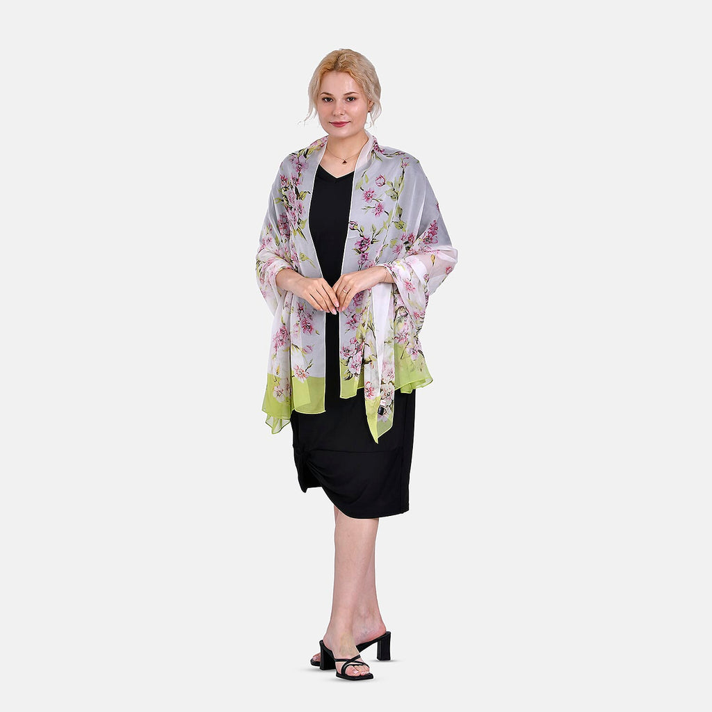 LA MAREY Floral Pattern 100% Mulberry Silk Scarf (Size 180x110cm) - White & Green