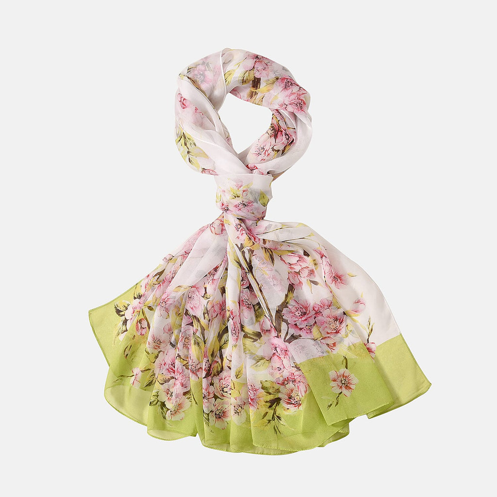 LA MAREY Floral Pattern 100% Mulberry Silk Scarf (Size 180x110cm) - White & Green