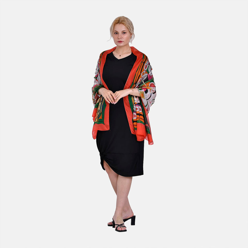 LA MAREY Intricate Colourful Pattern 100% Mulberry Silk Scarf (Size 180x110cm) - Red & Orange