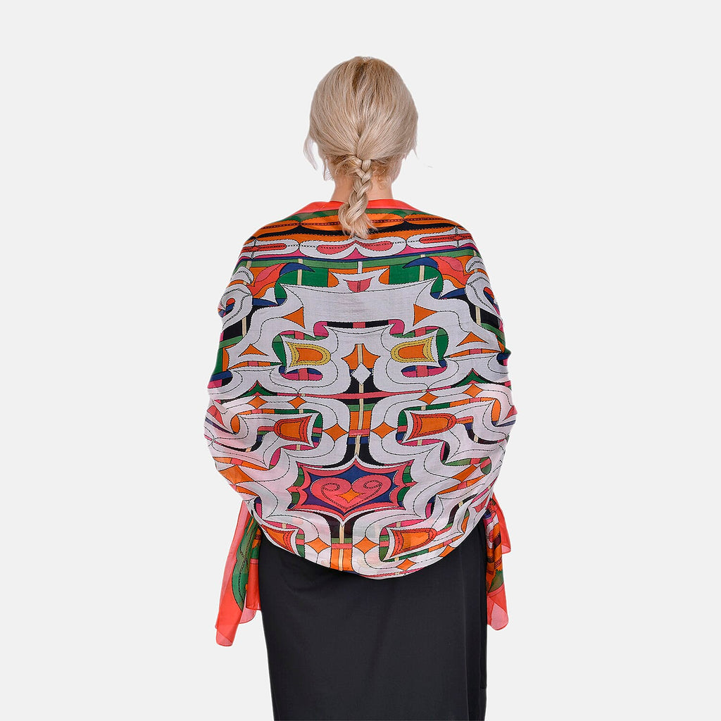 LA MAREY Intricate Colourful Pattern 100% Mulberry Silk Scarf (Size 180x110cm) - Red & Orange