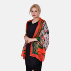 LA MAREY Intricate Colourful Pattern 100% Mulberry Silk Scarf (Size 180x110cm) - Red & Orange