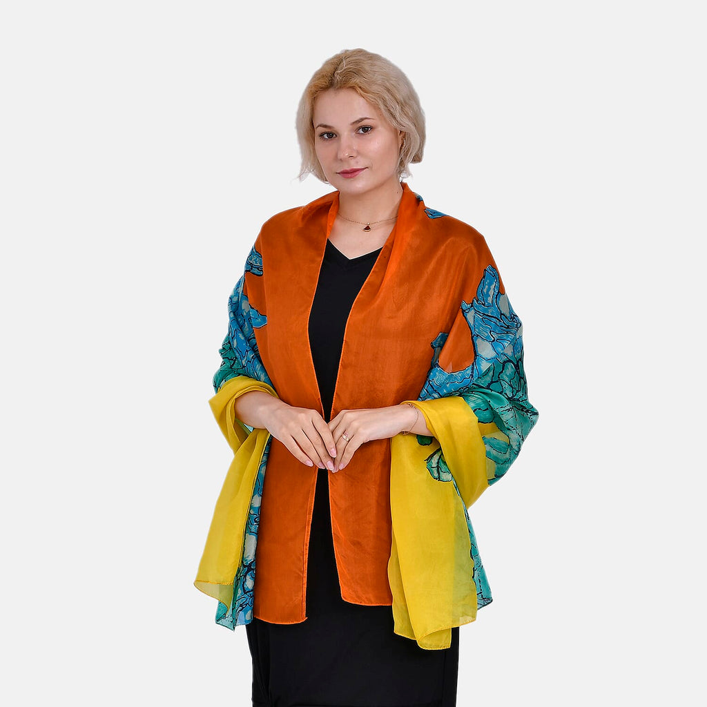 La Marey Mulberry Silk Painted Scarf (Size 110x1 cm) - Green & Orange