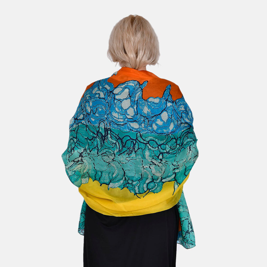 La Marey Mulberry Silk Painted Scarf (Size 110x1 cm) - Green & Orange