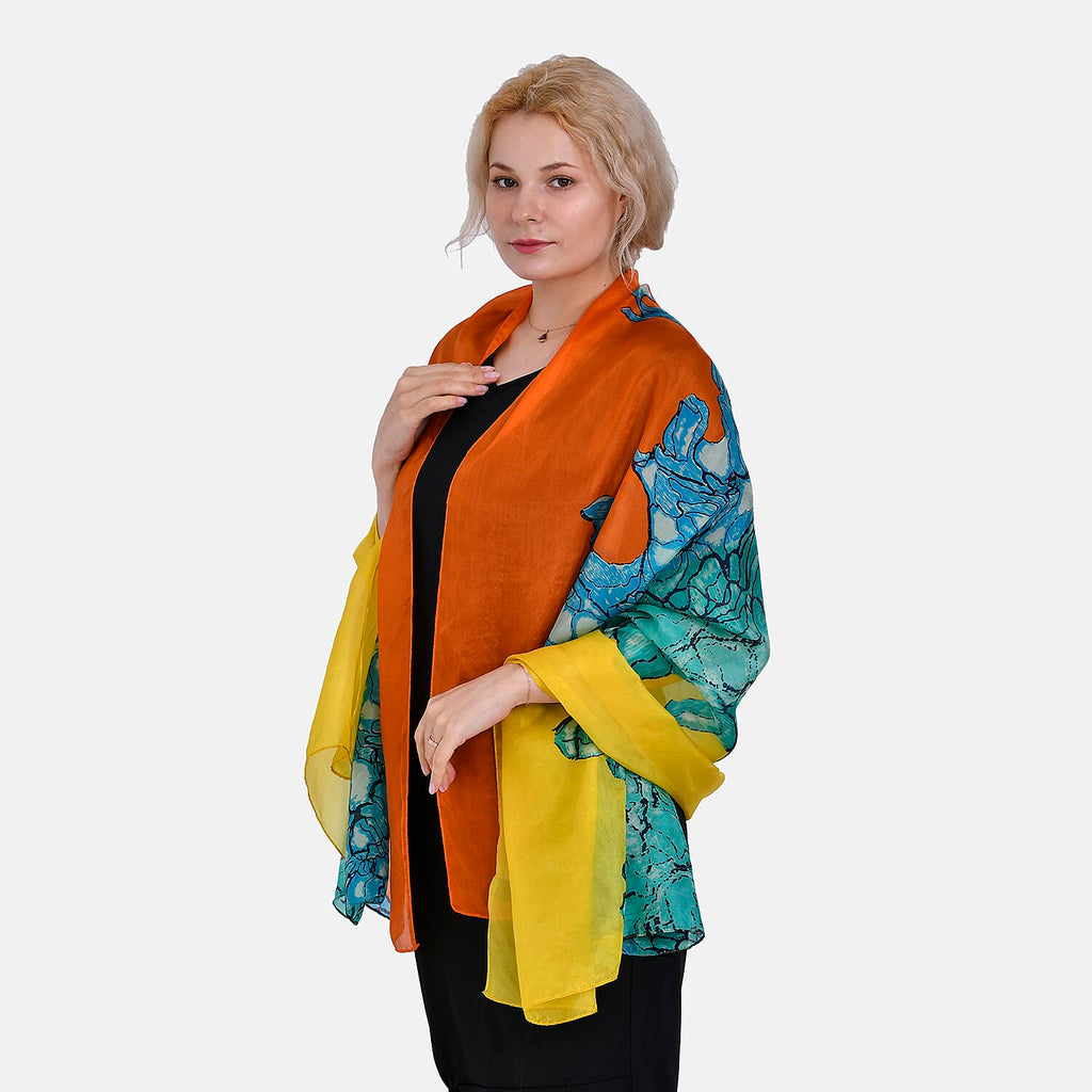 La Marey Mulberry Silk Painted Scarf (Size 110x1 cm) - Green & Orange