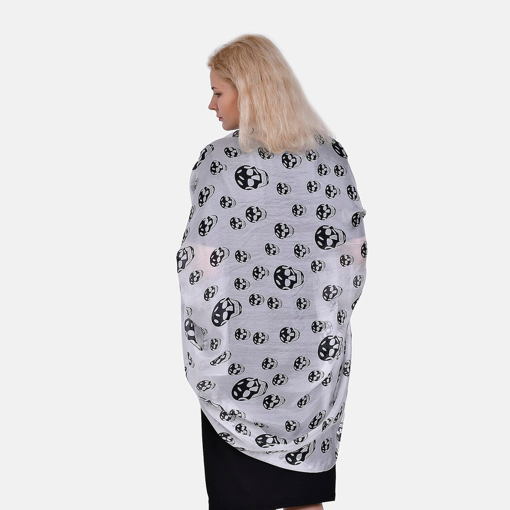 LA MAREY Skull Design 100% Mulberry Silk Scarf (Size 180x110cm) - Black & White