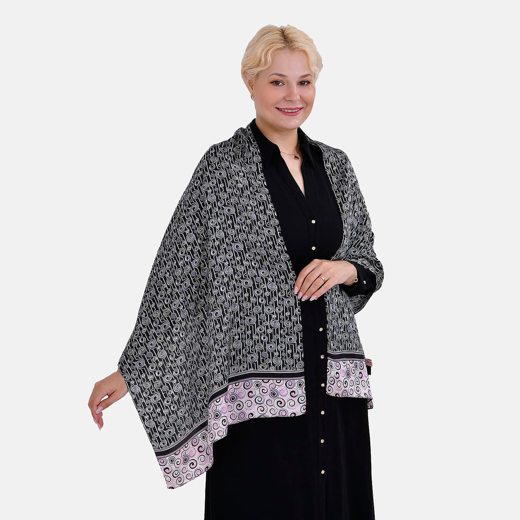 La Marey 100% Mulberry Silk Printed Scarf (Size 170x55cm) - Black, White & Red