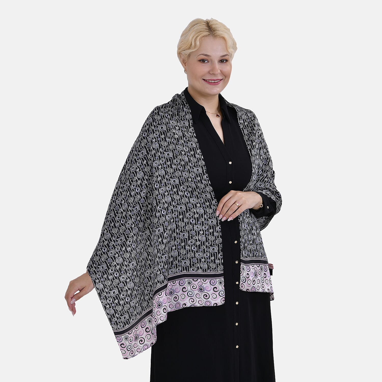 La Marey 100% Mulberry Silk Printed Scarf (Size 170x55cm) - Black, White & Red