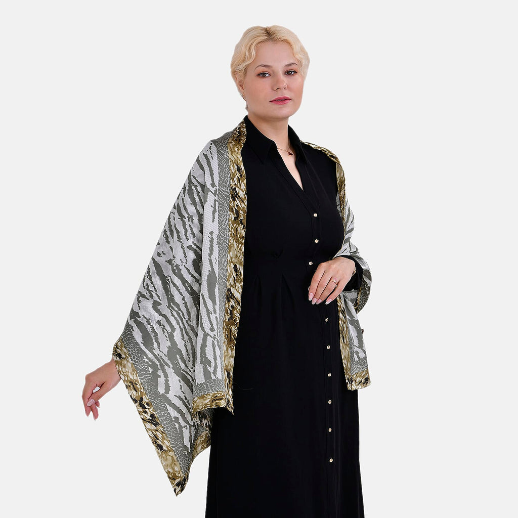 La Marey Mulberry Silk Printed Scarf (Size 170x55 cm) - Black White & Red
