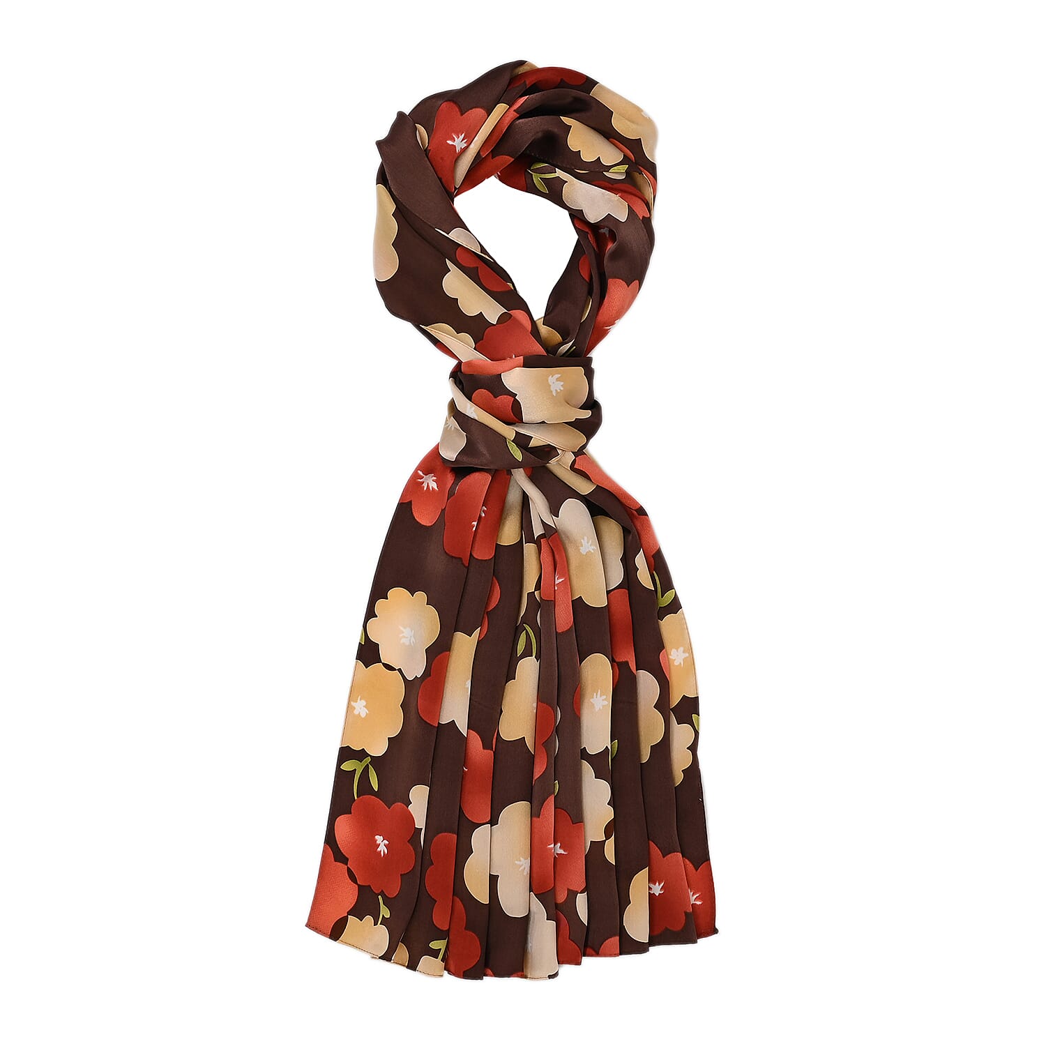 La Marey 100% Mulberry Silk Floral Printed Scarf - Brown & Red