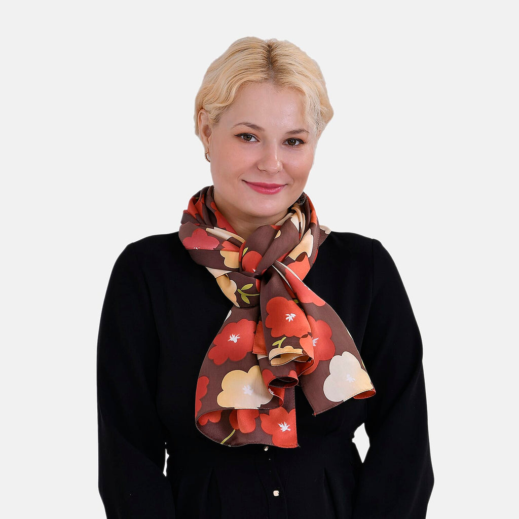 La Marey 100% Mulberry Silk Floral Printed Scarf - Brown & Red