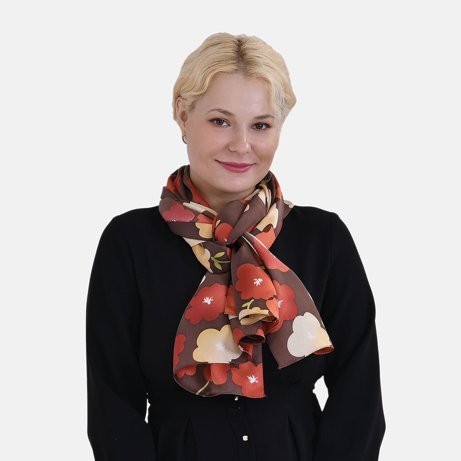 La Marey 100% Mulberry Silk Floral Printed Scarf - Brown & Red