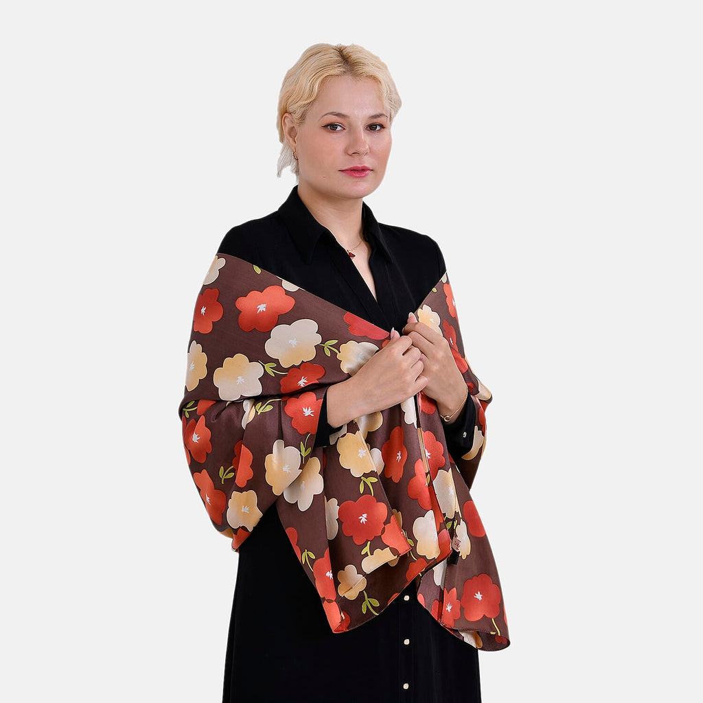 La Marey 100% Mulberry Silk Floral Printed Scarf - Brown & Red