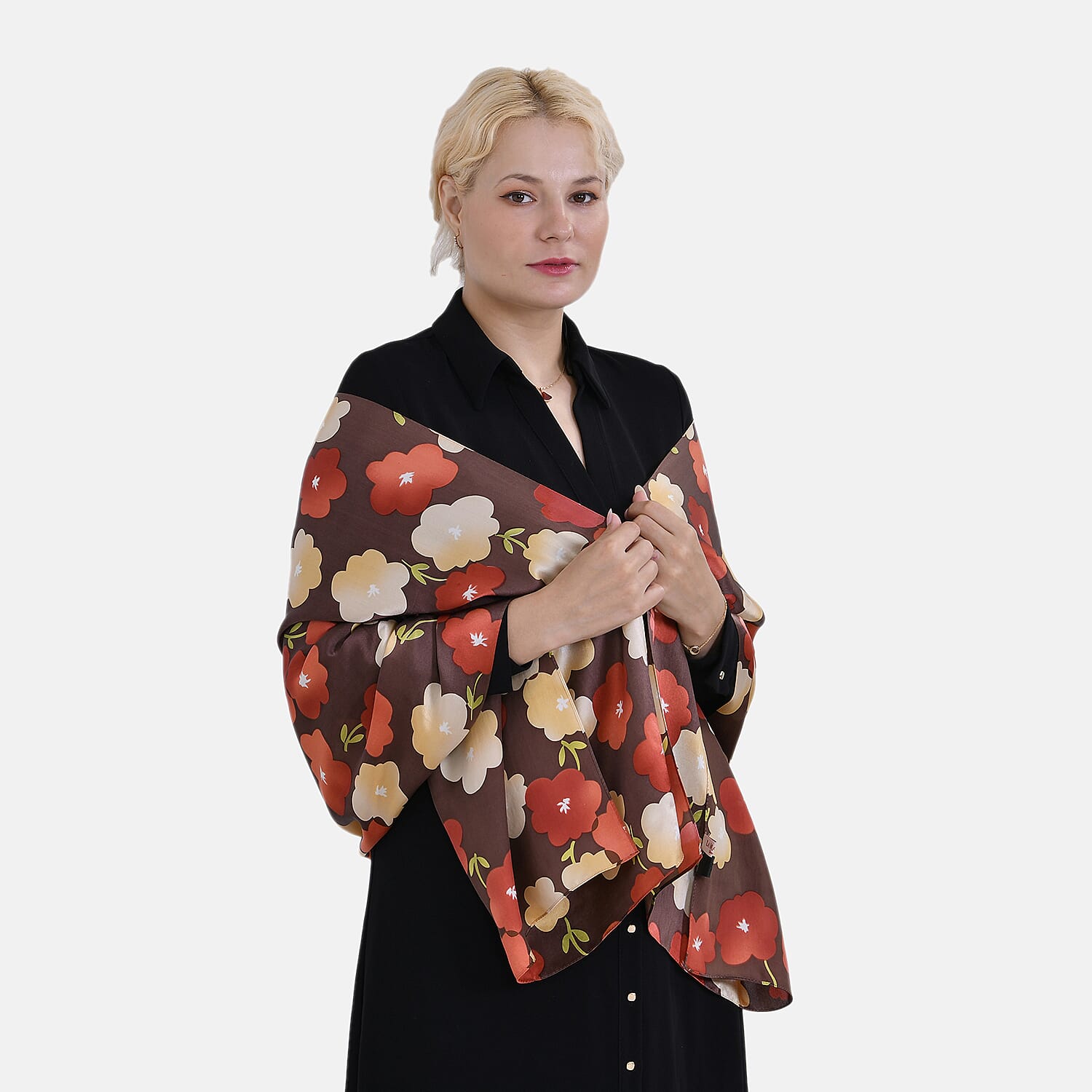 La Marey 100% Mulberry Silk Floral Printed Scarf - Brown & Red