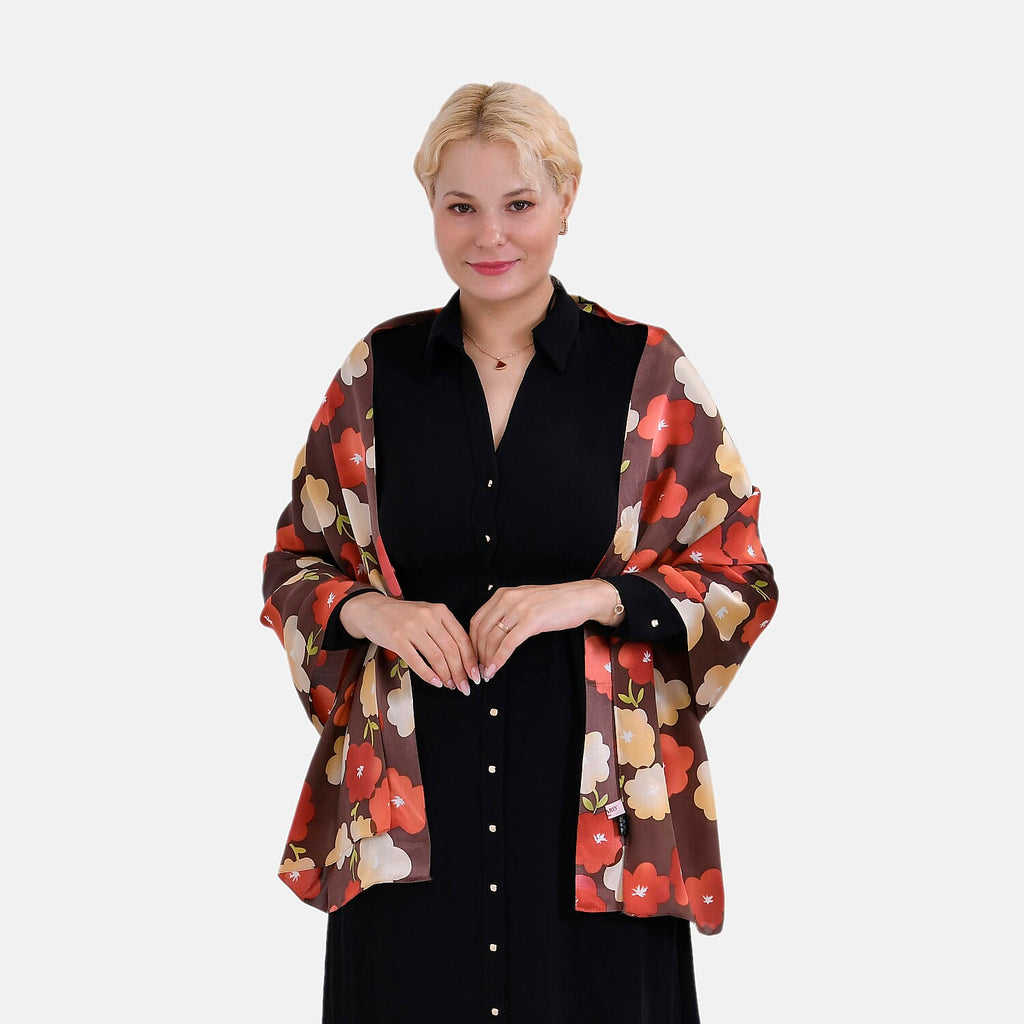 La Marey 100% Mulberry Silk Floral Printed Scarf - Brown & Red