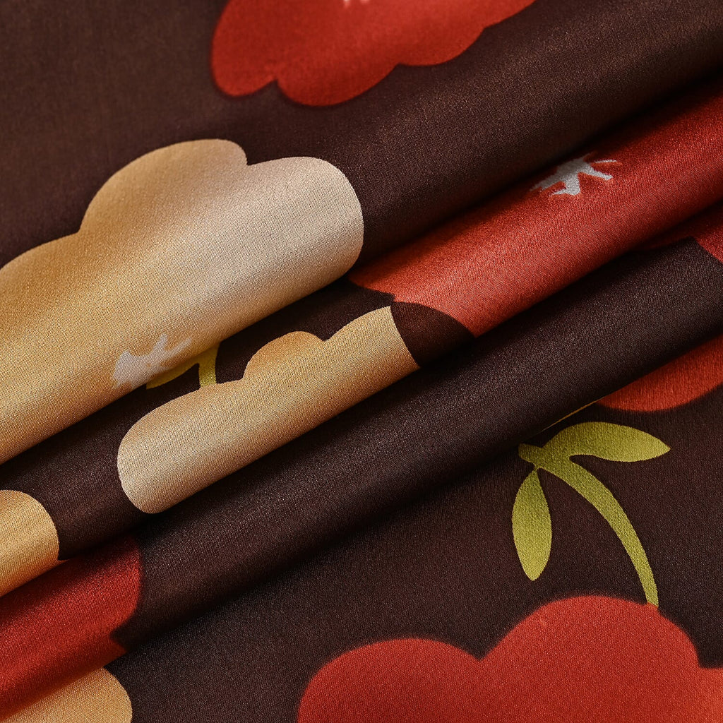 La Marey 100% Mulberry Silk Floral Printed Scarf - Brown & Red
