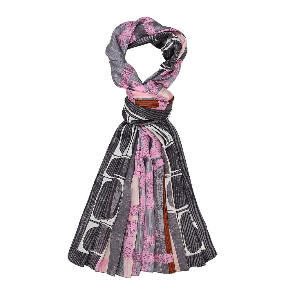 La Marey 100% Mulberry Silk Printed Scarf (Size 170x55cm) - Grey & Pink