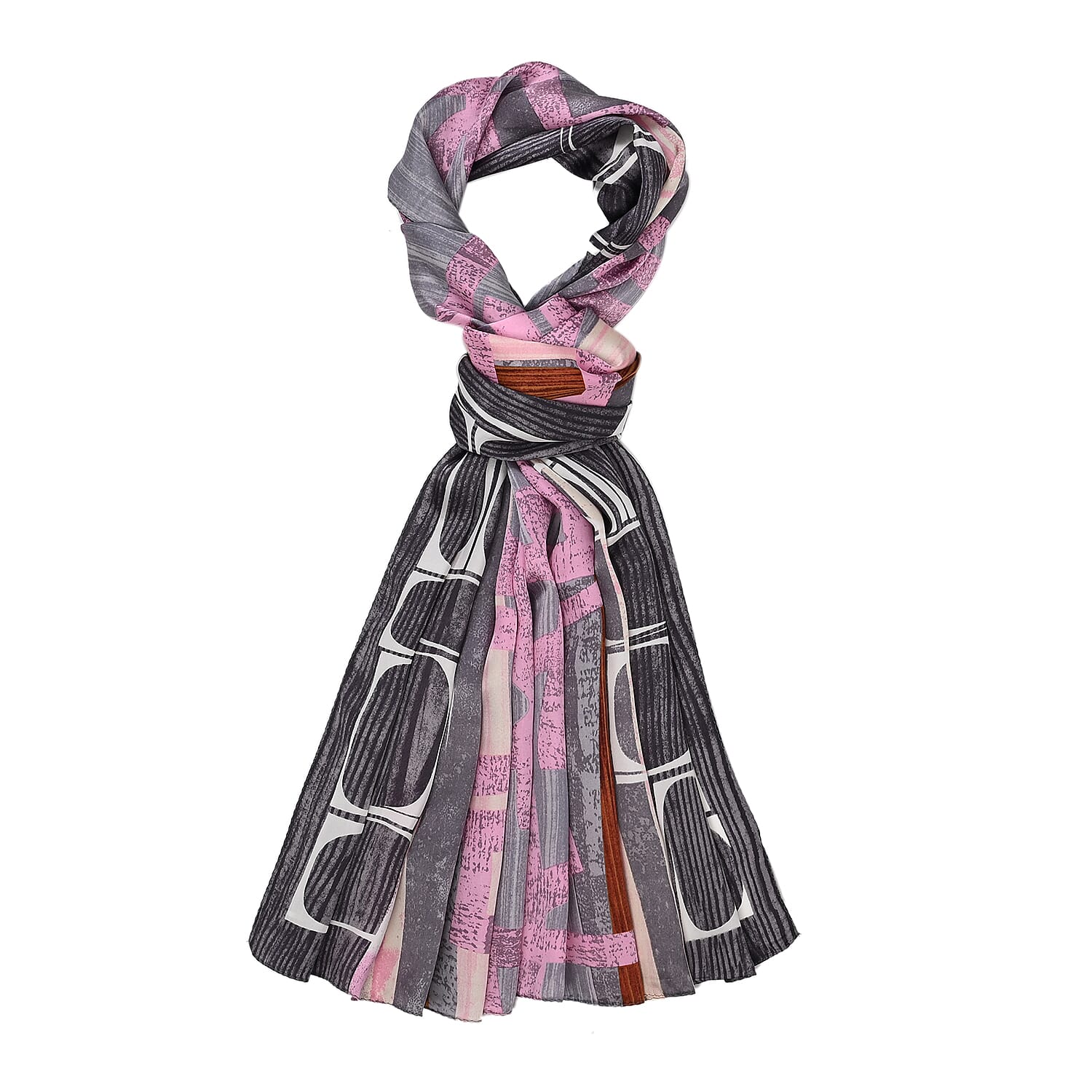 La Marey 100% Mulberry Silk Printed Scarf (Size 170x55cm) - Grey & Pink