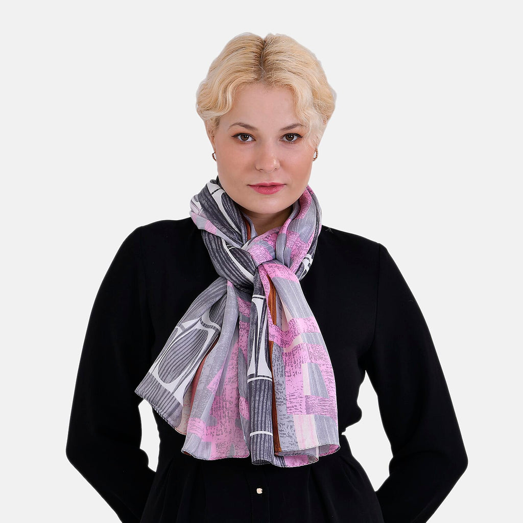 La Marey 100% Mulberry Silk Printed Scarf (Size 170x55cm) - Grey & Pink