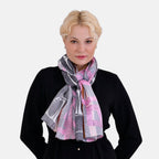 La Marey 100% Mulberry Silk Printed Scarf (Size 170x55cm) - Grey & Pink