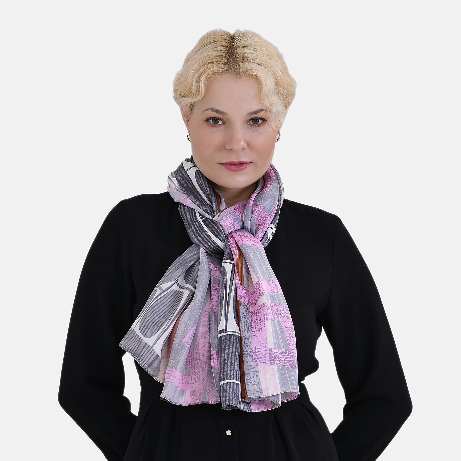La Marey 100% Mulberry Silk Printed Scarf (Size 170x55cm) - Grey & Pink