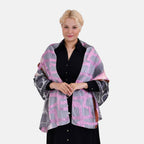 La Marey 100% Mulberry Silk Printed Scarf (Size 170x55cm) - Grey & Pink