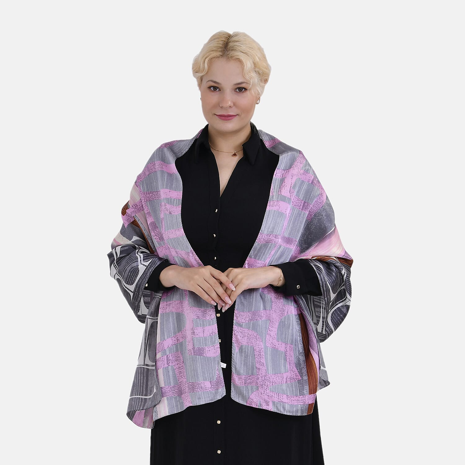 La Marey 100% Mulberry Silk Printed Scarf (Size 170x55cm) - Grey & Pink