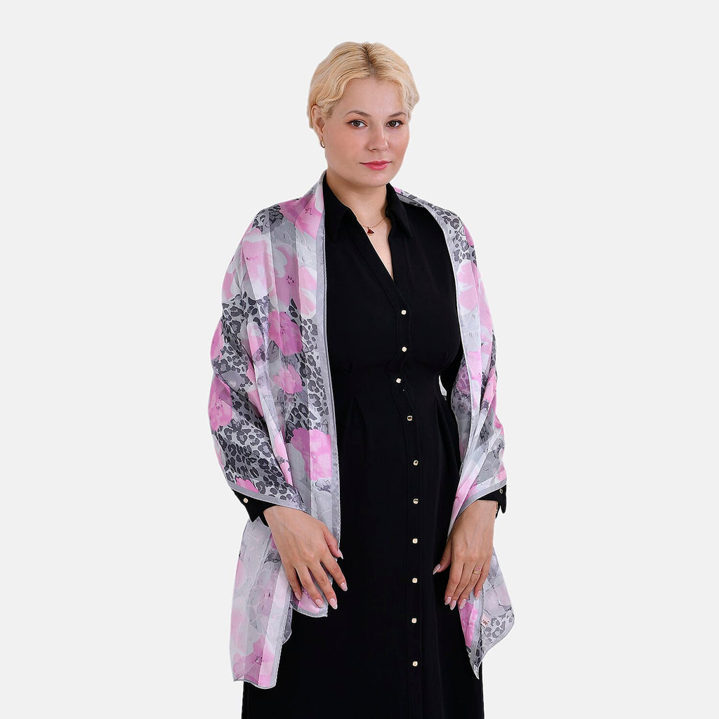 La Marey Mulberry Silk Printed Scarf (Size 170x1 cm) - Black White & Red