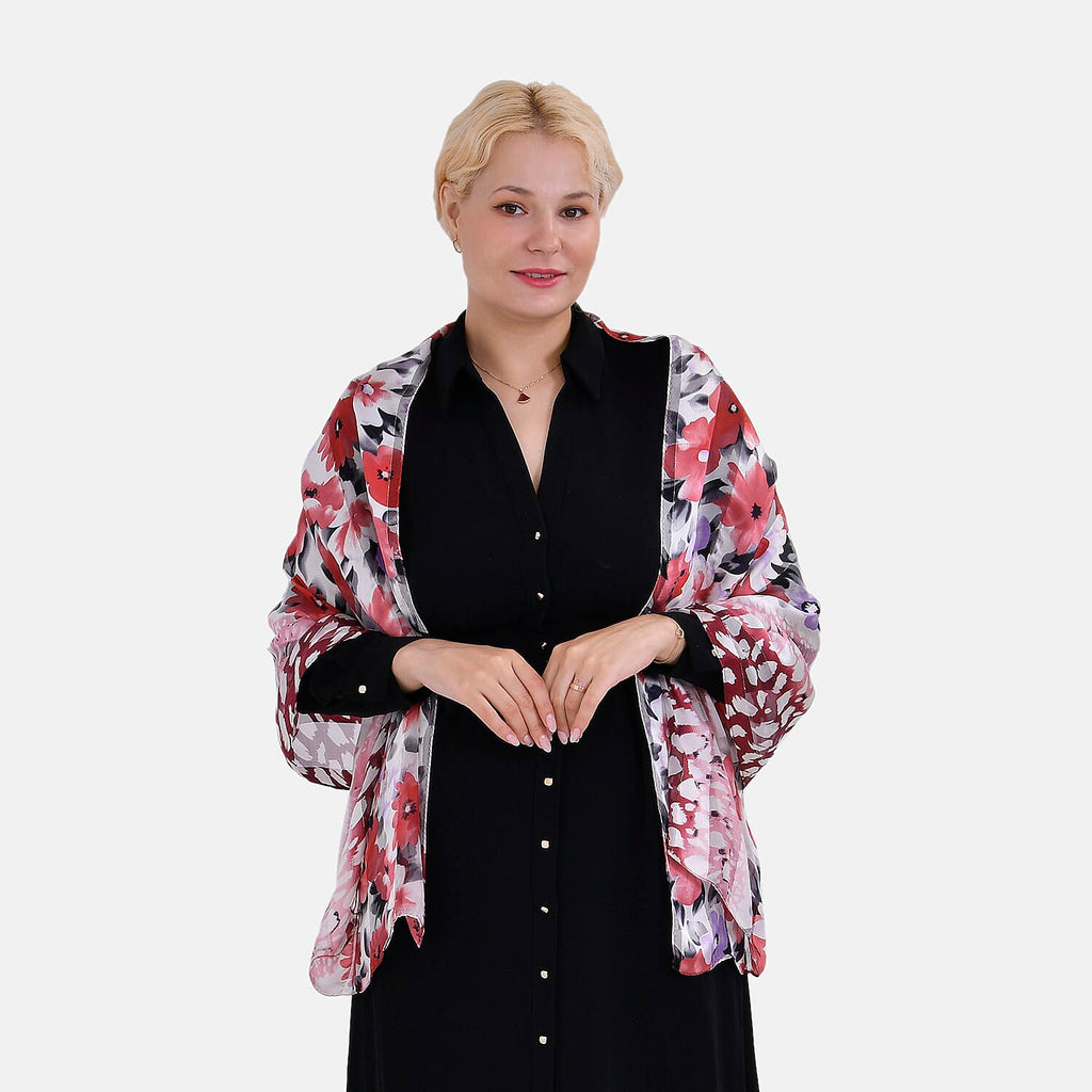 La Marey 100% Mulberry Silk Floral Printed Scarf (Size 170x55cm) - White & Red
