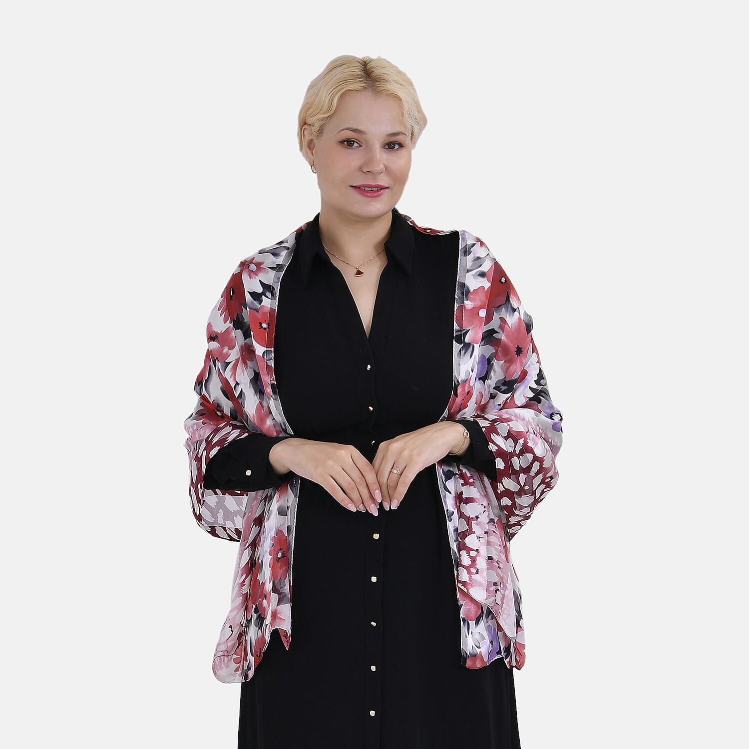 La Marey 100% Mulberry Silk Floral Printed Scarf (Size 170x55cm) - White & Red