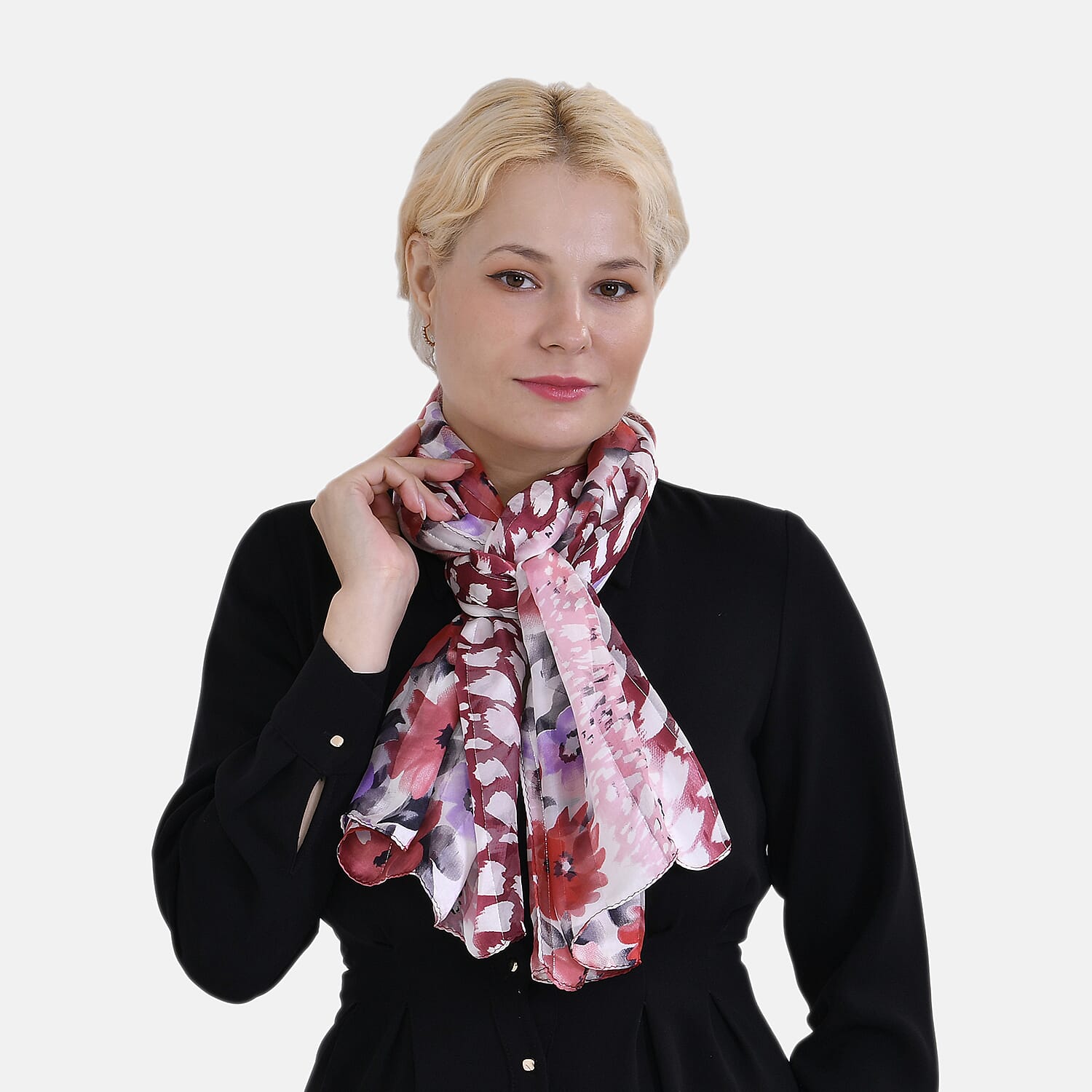 La Marey 100% Mulberry Silk Floral Printed Scarf (Size 170x55cm) - White & Red